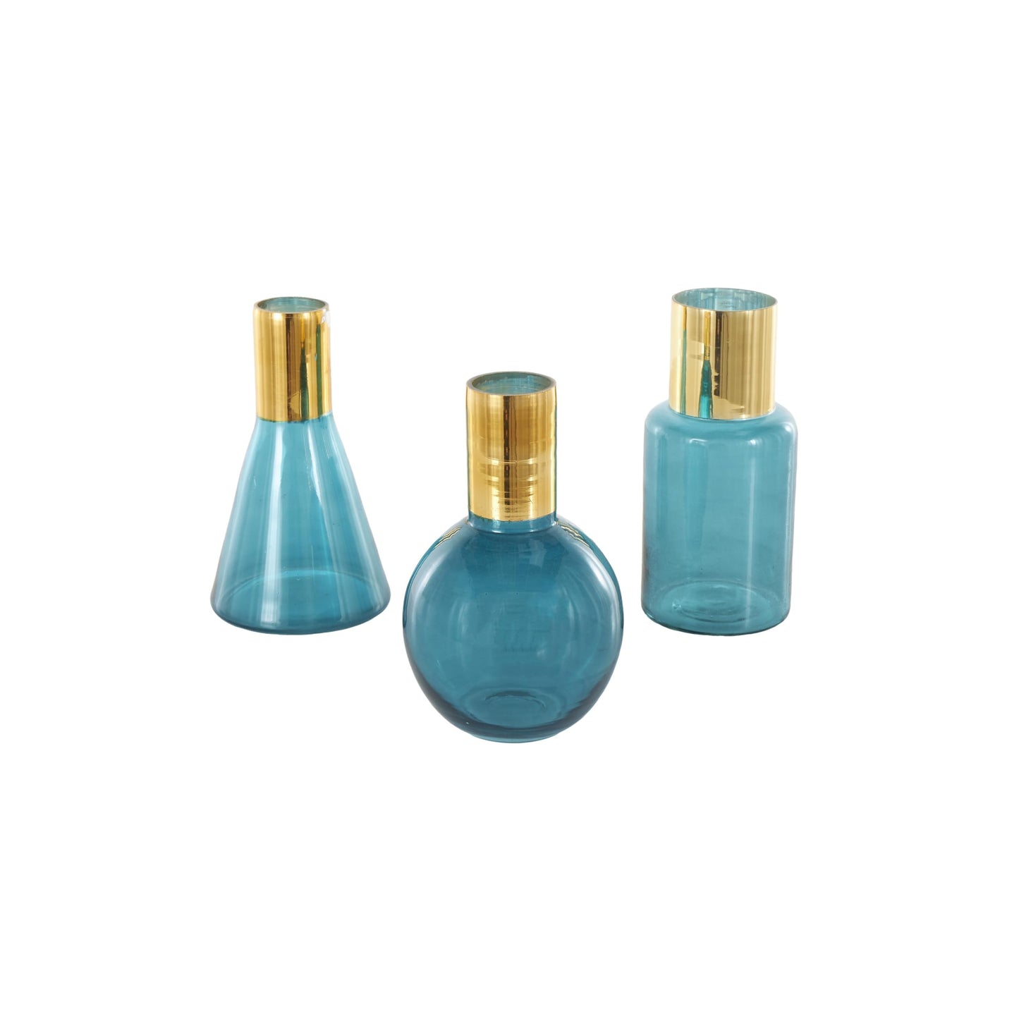 Deco 79 Glass Geometric Tinted Vase with Gold Rim and Varying Shapes, Set of 3 8",9",8" H, Blue