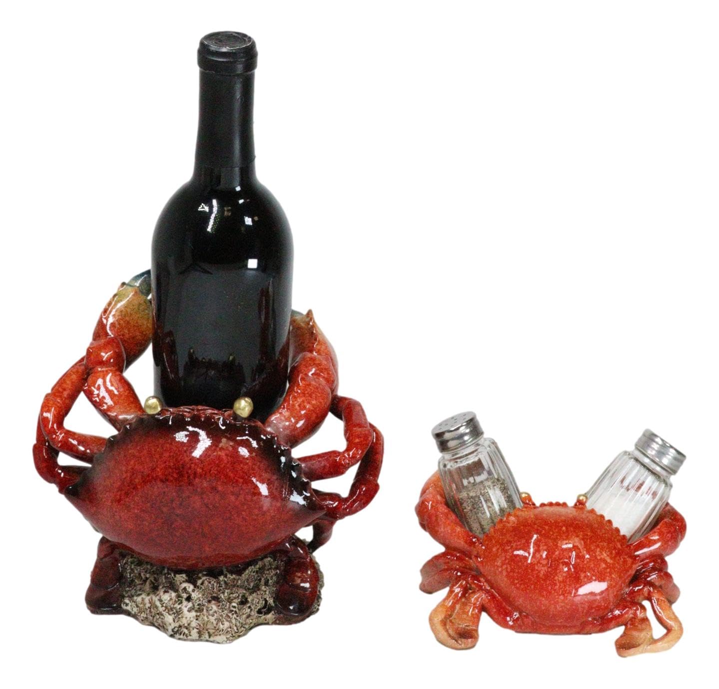 Ebros Gift Set of 2 Nautical Coastal Giant Stone Crab with Black Pincer End Tips Wine Bottle and Salt Pepper Shakers Holder Figurines Beach Sea Marine Accent