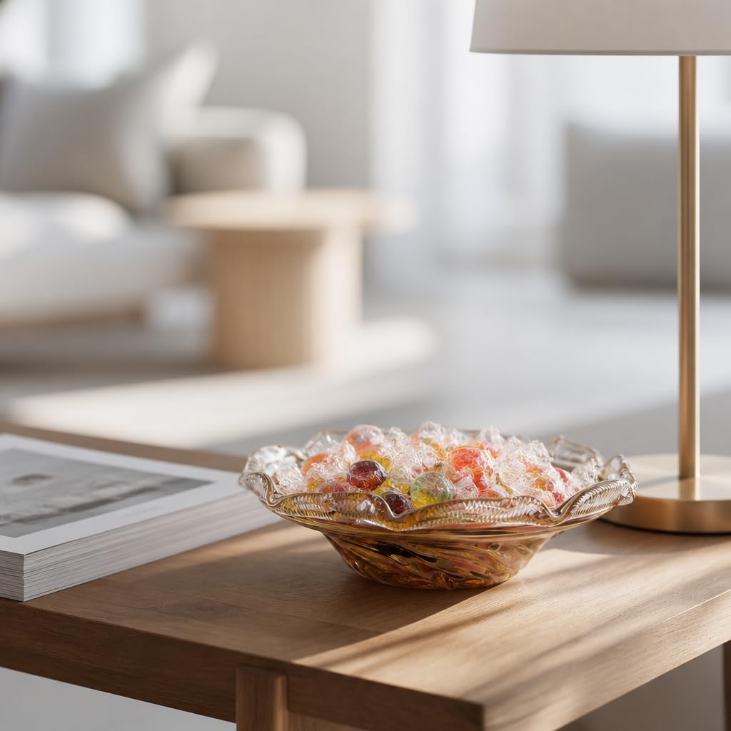 Hand Blown Glass Bowl for Decor, Amber Swirl Art Glass Fruit Bowl and Entryway Key Bowl, Decorative Catchall Bowl for Coffee Table, Dining Table Centerpiece, Living Room, Shelf and Console Table