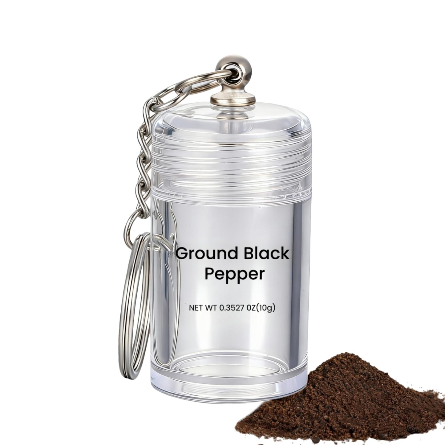Mini Ground Black Pepper Keychain Bottle – Refillable AS Travel Pepper Shaker – Portable Spice Jar with 2 Stickers – Small Key Chain Shaker for Camping, Office, Picnics, Lunchboxes, Hiking