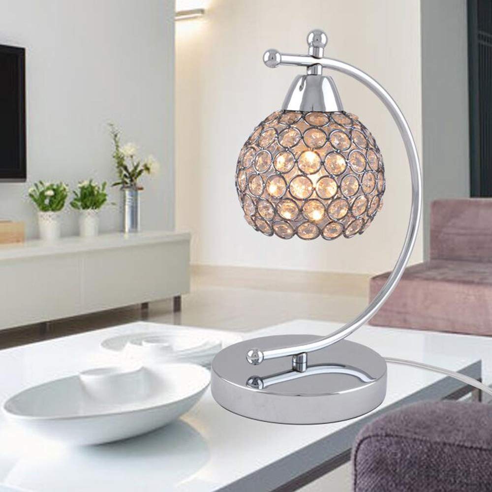 Onerbuy Modern Crystal Table Lamp Plug in Bedside Lamp Chrome Silver Nightstand Desk Lamp E27 with On/Off Switch in Line for Bedroom, Living Room, Office, Dining Room, Hotel(CrystalTableLamp)