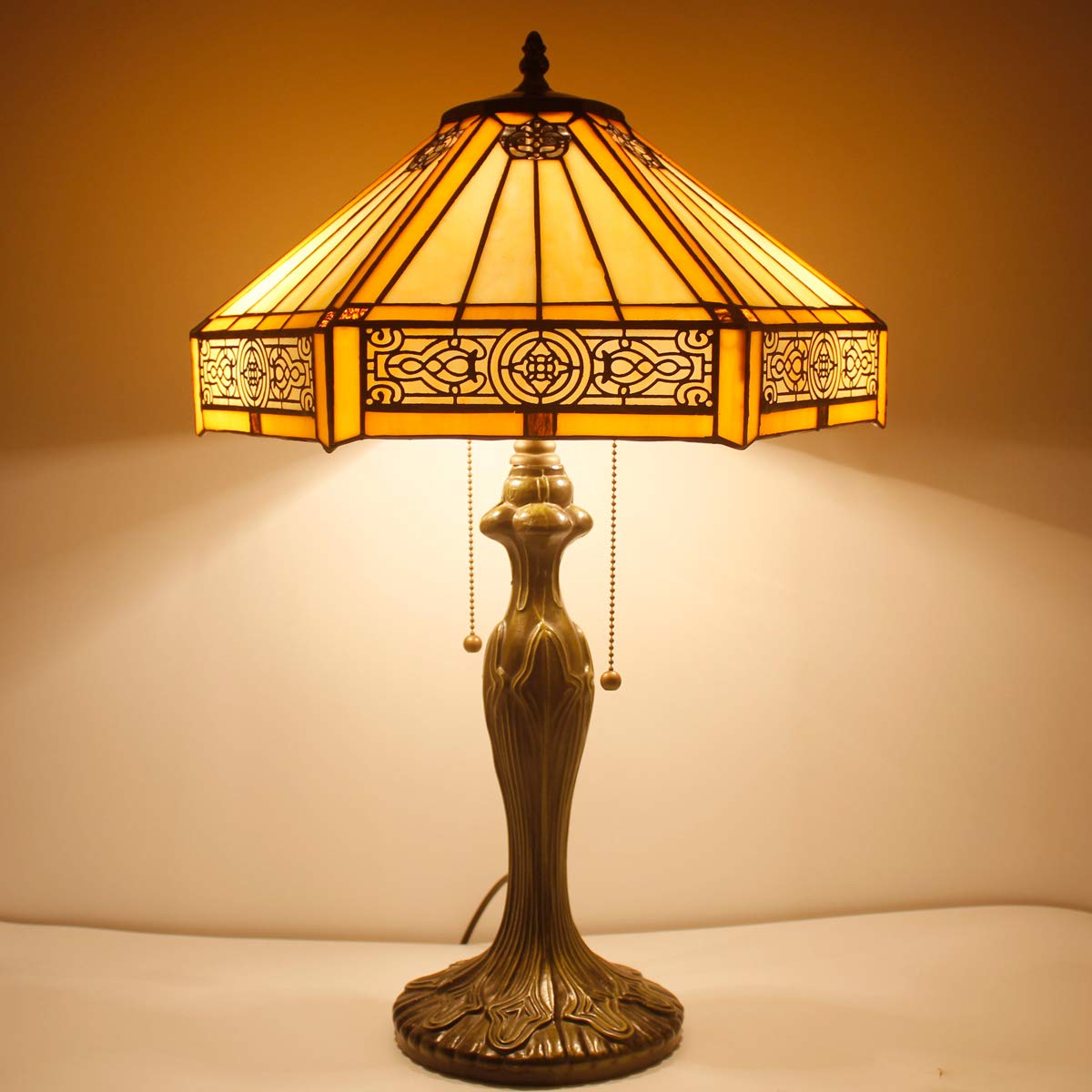 WERFACTORY Tiffany Table Lamp Yellow Hexagon Stained Glass Bedside Lamp