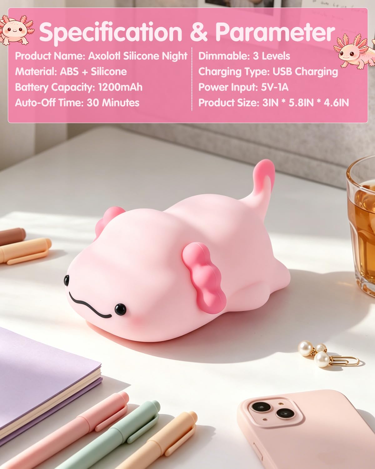 Fuloon Pink Axolotl Night Light, Squishy Silicone Kids Lamp, Safe & Soothing Touch Control for Kids and Babies, USB-C Rechargeable, 30-Min Auto Timer, Gift Idea (Pink Axolotl)