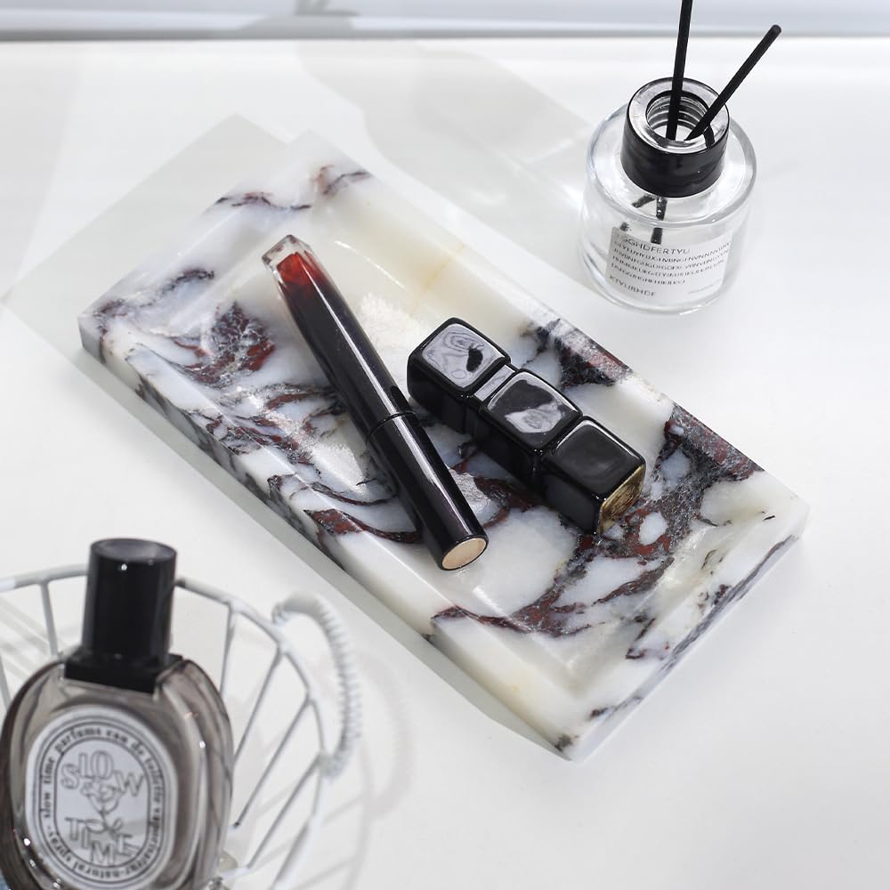 Small Marble Bathroom Tray, Real Marble Vanity Tray, Natural Stone Organizer for Countertop, Mini Marble Organizer for Jewelry Perfume Towel, Non-Resin Non-Ceramic (Calacatta Viola 7.9″ x 3.9″ x 0.7″)