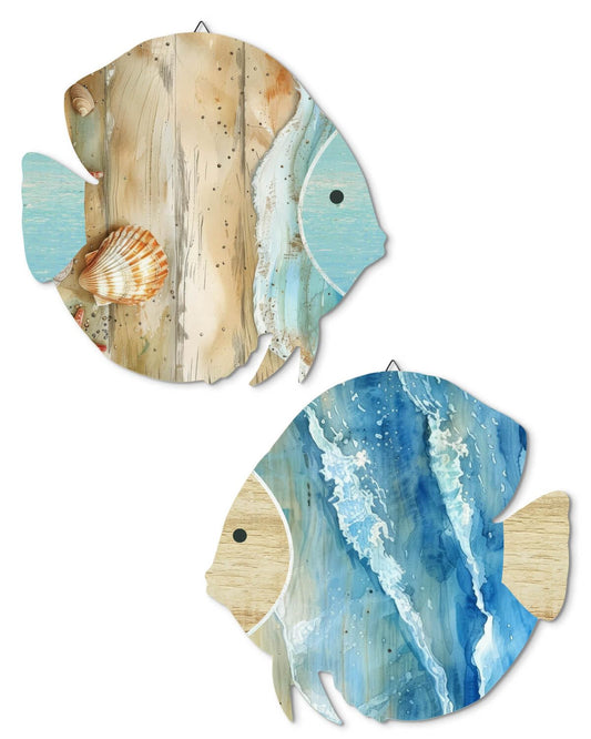 Putuo Decor Wood Fish Wall Decor 2pcs Rustic Beach House Wall Decor Coastal Lake Themed Home Decor Wood Hanging Nautical Decor For Bathroom, Lake House, Beach House Decor