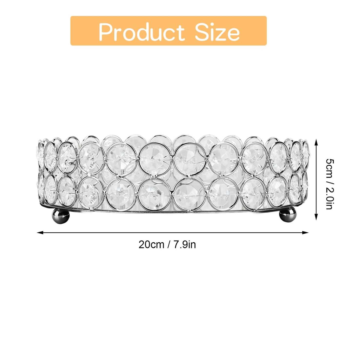 Mirrored Jewelry Organizer Tray - 8 Inch Round Decorative Vanity Tray for Makeup, Perfume & Trinket Storage - Crystal Home Decor Display Plate(Silver)