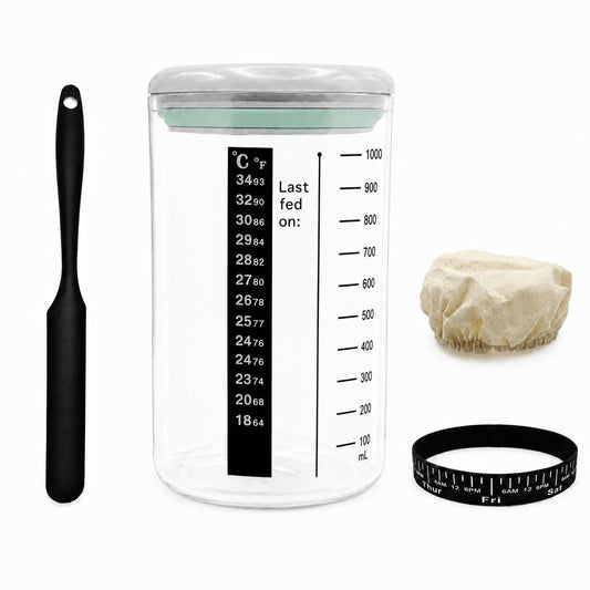 USYOGO 40oz Glass POP sourdough starter jar-With-Lid | Food-grade borosilicate glass | One-touch push-button lid | With Date Marked Feeding Band, Thermometer, Silicone Scraper, Sewn Cloth Cover