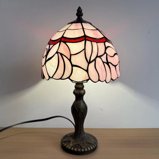 HUORUIKY Tiffany Style Pink Petals Small Table Lamp,3 Color-Temperature Bedside Lamp for Bedroom,Hand-Made Stained Glass Vintage End Table Lamps for Living Room, Nightstand Light+LED Bulb,8X8X15Inch