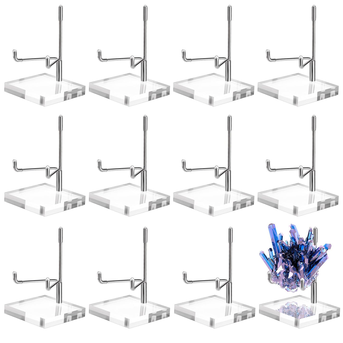 MAQUITA 12 Pcs Adjustable Metal Arm Display Stand Crystal Holder Easel Display with Acrylic Base Easel Rock Mineral Stand for Geodes Mineral Agate Collection(2 x 2 x 3.5 Inch)