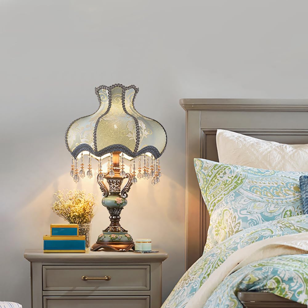 Aeyee Lovely Table Lamp with Fabric Lampshade, Antique Flower Decorative Bedside Desk Lamp, Crystal Night Light for Bedroom Nightstand, Blue Finish