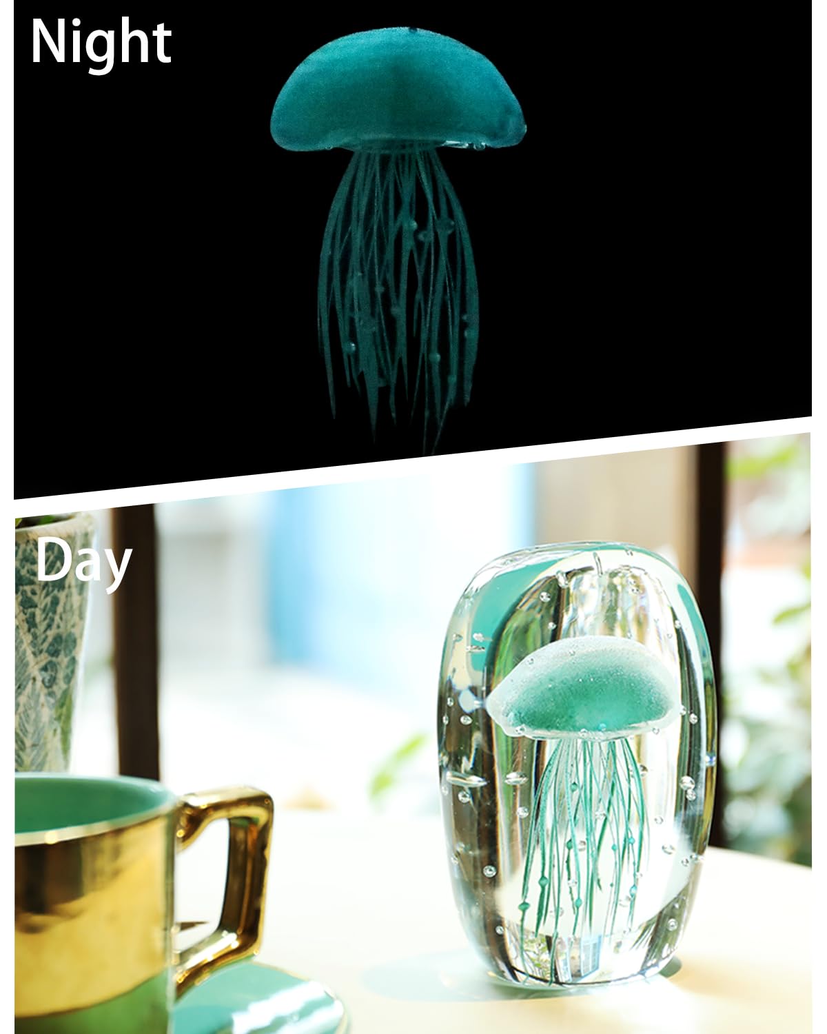 Bdor Glass Jellyfish Figurine, Hand Blown Art, Glow in The Dark Paperweight, Sea Ornament, Home Decor Gift, Green