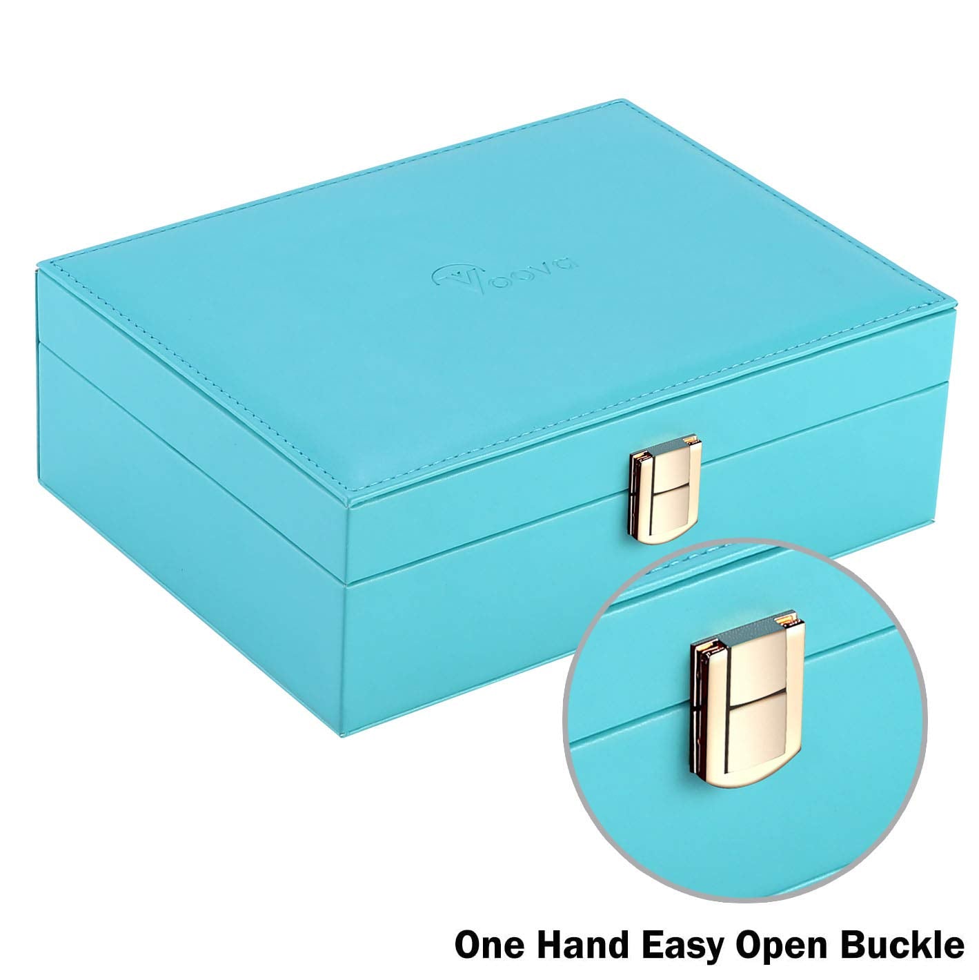 Voova Jewelry Box Organizer for Women Girls, 2 Layer Large Men Jewelry Storage Case, PU Leather Display Jewellery Holder with Removable Tray for Necklace Earrings Rings Bracelets, Gift, Teal/Lake Blue