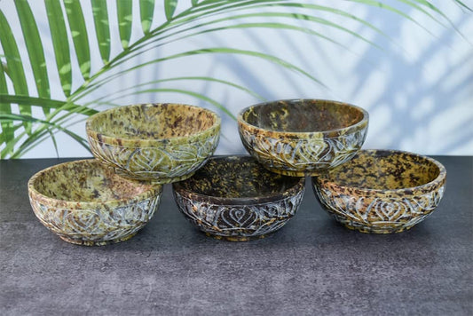 Ajuny Soapstone Natural Smudge Pot | Stone Bowl | Scrying And Smudge Bowl Handmade Leaf Carved Design Household Kitchen Table Decorative Gift 5 Inch