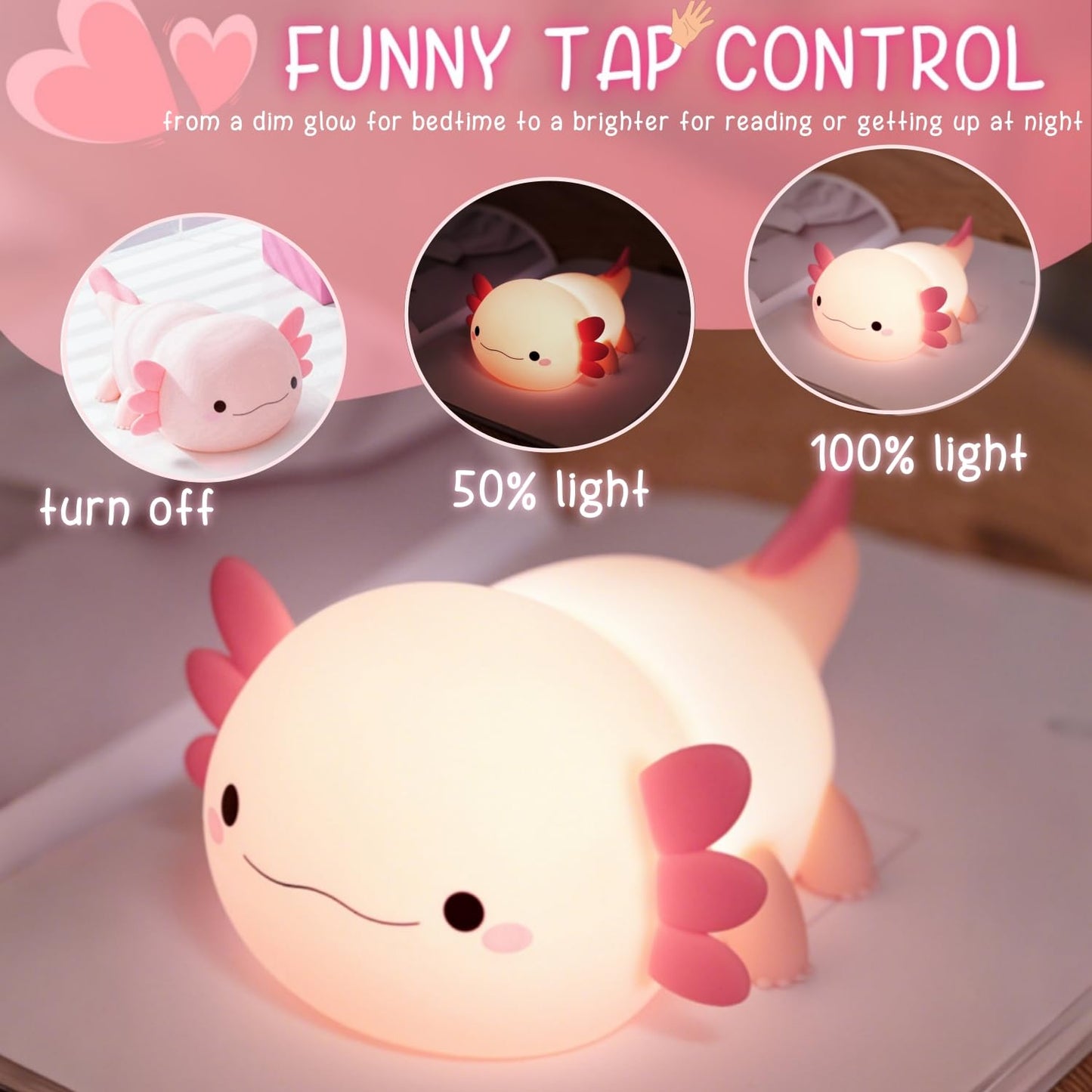 YR YRHH-PET Axolotl Lamp Kid Cute Night Light, Rechargeable Squishy Axolotl Gifts for Girls, Baby Touch Nightlight, Dimmable Silicone LED Animal Toys, Bedside Pink Lamp, College Nursery Kawaii Décor