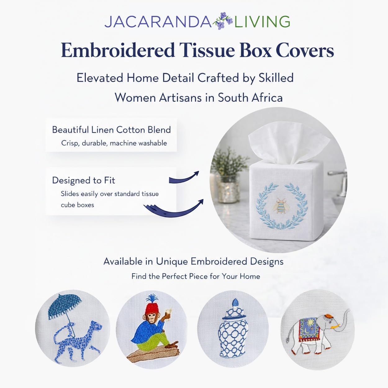 Jacaranda Living Square Tissue Box Cover, Linen/Cotton Fabric Tissue Holder, Decorative Cloth Tissue Cube Cover, Embroidered Bee Designs, Napoleon Bee Wreath (White)