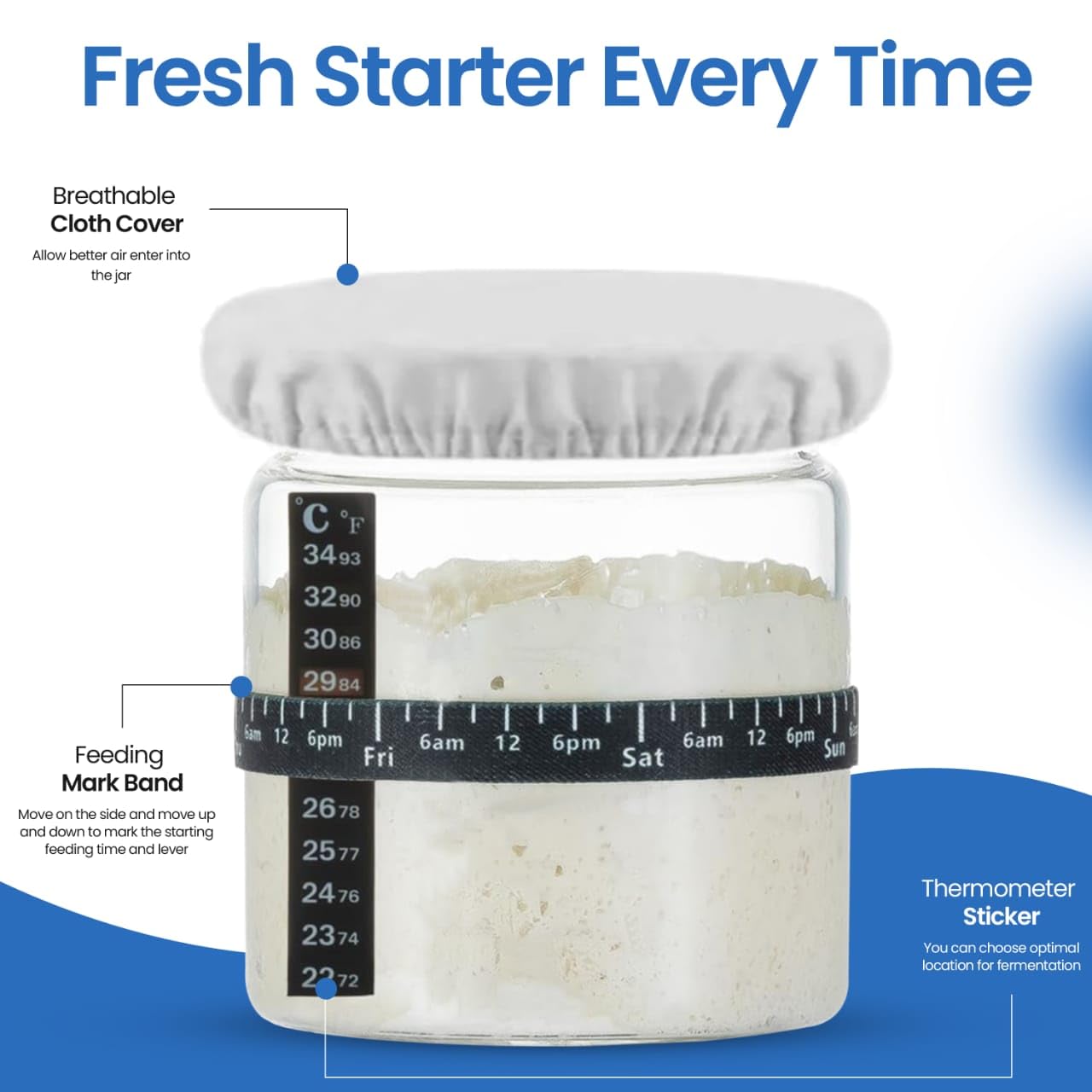NETIX VERA Sourdough Starter Jar Kit - Pack of 2, 35oz Wide Mouth Glass Jars for Sourdough Starter with Date Marked Feeding Scale, Thermometer, Cloth Cover, Scraper & Wooden Lid, Sourdough Jars