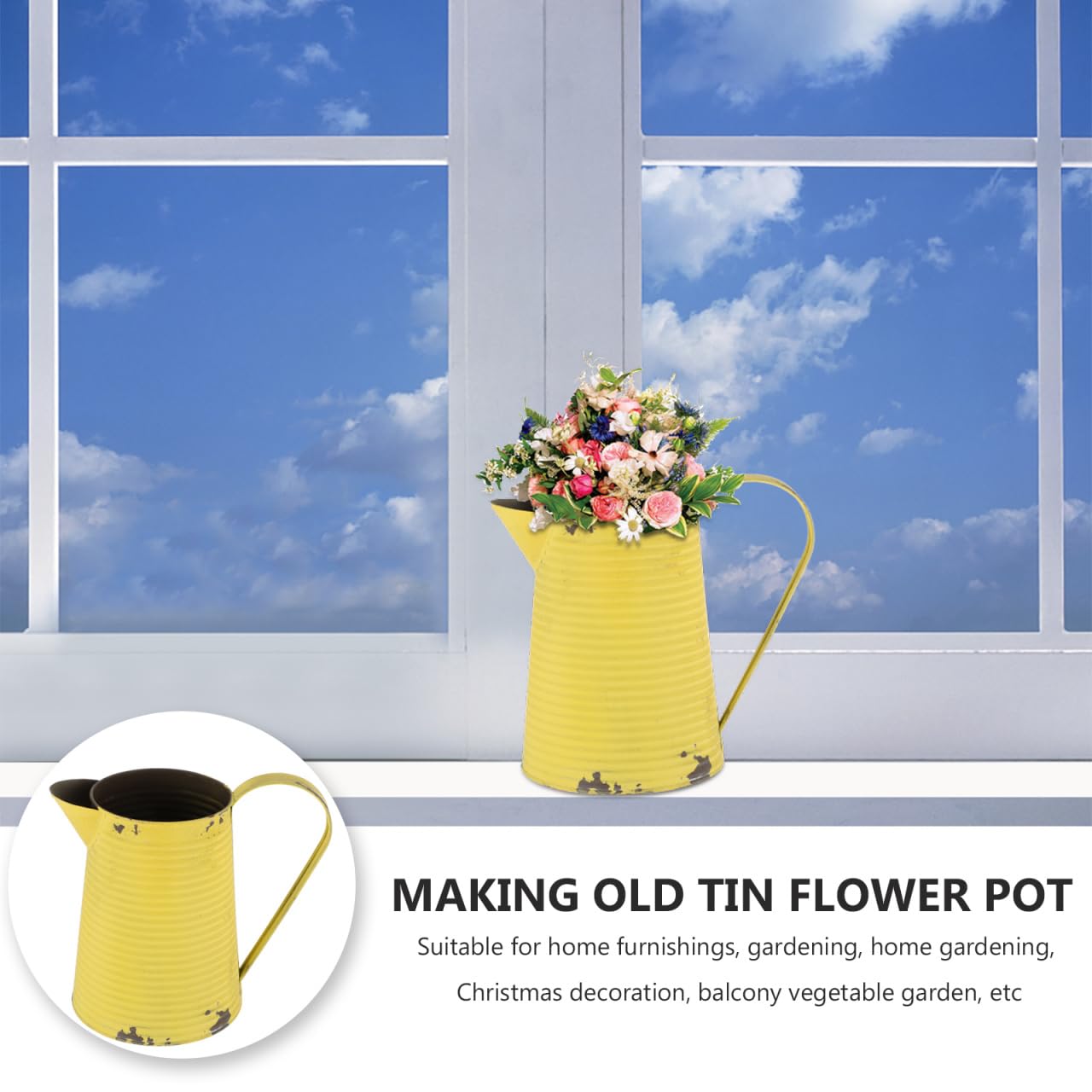 Yellow Farmhouse Flower Vase Retro Metal Kettle Vase 8 Inch Rustic Galvanized Flower Pitcher Shabby Chic Country Style Table Centerpiece Home Decor Tin Bucket