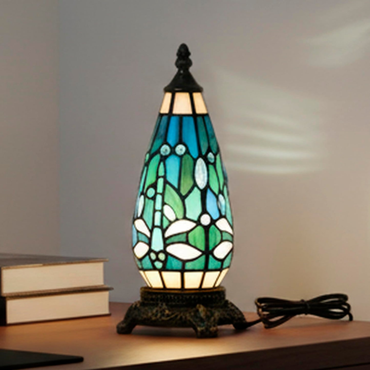 TCODTPOL Small Tiffany Stained Glass Table Lamp 5.5X11 Inch (Green Dragonfly)