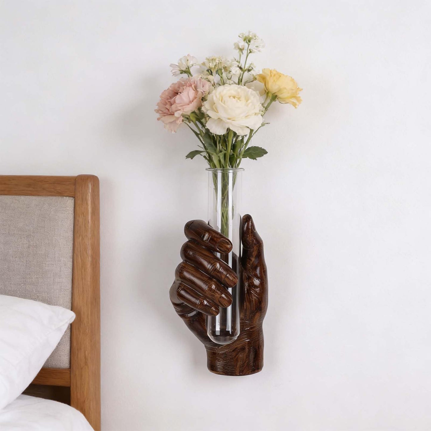 Hand Wall Sculpture with Vase – Unique Resin Art, Wall-Mounted Flower Vase, Modern Decor for Living Room, Office, Apartments, Stylish Home, Elegant Interior, Contemporary Decoration (Wood)