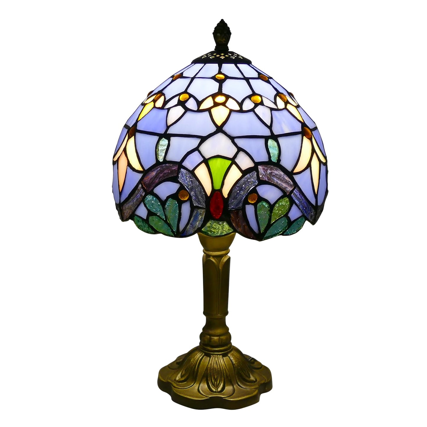 VirtueKing Tiffany Table Lamp Blue Baroque Handmade Stained Glass Desk Lamps 8" Wide 15" Tall Vintage Reading Lamp for Office, Living Room, Bedroom, LED Bulb Included