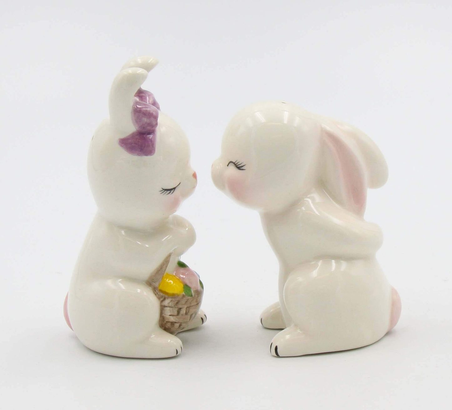 Fine Ceramic Kissing Bunny Rabbit Couple Salt & Pepper Shakers Set, 3-7/8" H