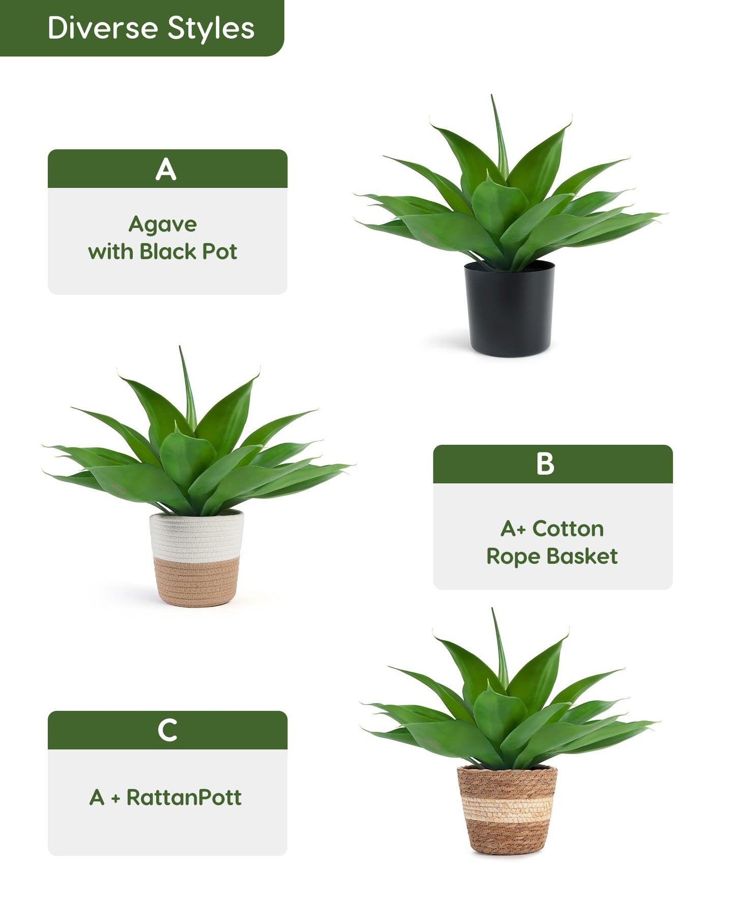 Velener Fake Agave with Rattan Pot, Artificial Plant Outdoor Agave - Fake Sucuulents Plants for Indoor and Outdoor Decor(15 Inch)-1 Pack