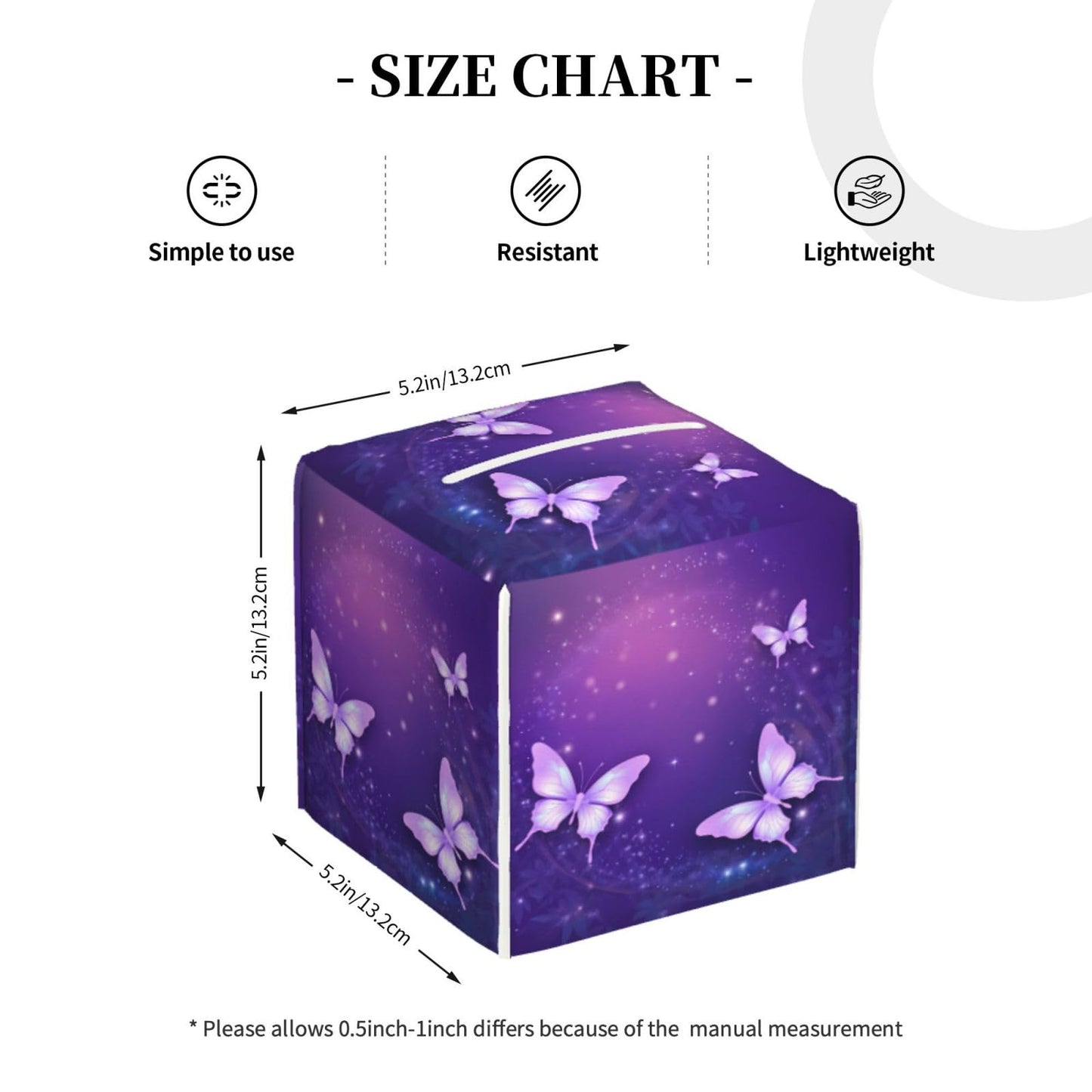 Square Tissue Boxes(5.2"x5.2"x5.2"), Firework Star Purple Butterfly Tissue Holder Decor for Vanity Countertop/Home/Car/Office