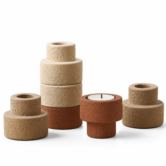 Parlamain Set of 6 Concrete Candle Holders - Reversible Faux Travertine for 7/8" Taper & 1.5" Tealights, Stackable Heavyweight Minimalist Table Decor with Neutral Colors, Candles Not Included