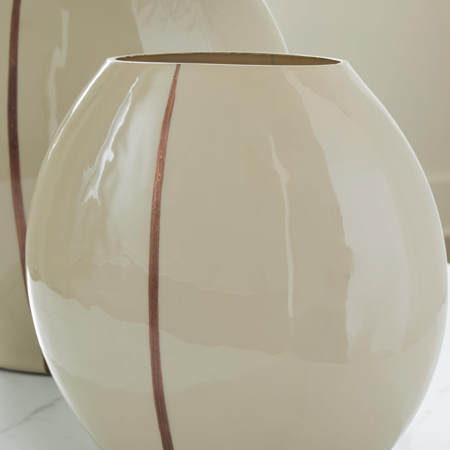 Signature Design by Ashley Sheabourne Cream Glass Vase, Contemporary Tabletop Accent with Hand-Painted Copper Line, Wide Mouth Sculptural Centerpiece for Living Room, 10" x 5" x 9"