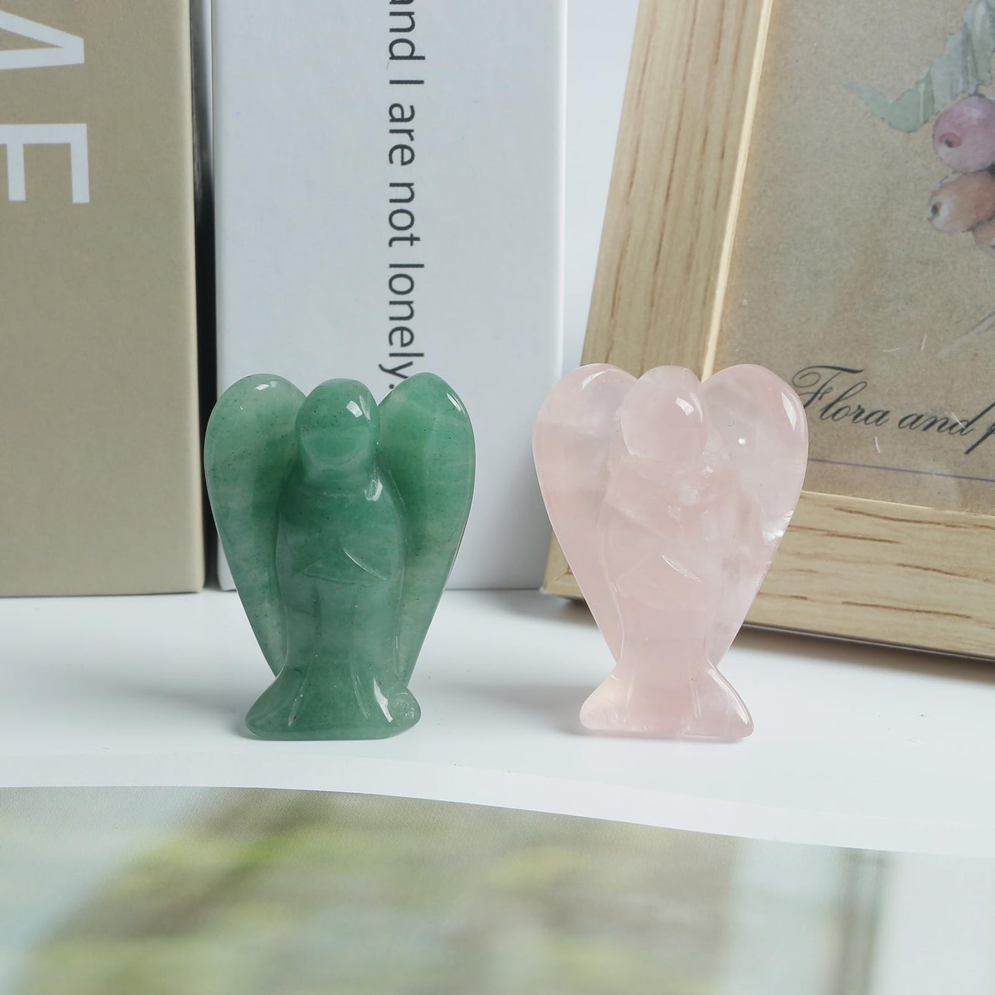 Loveliome Mini Crystal Angel, 2 Pcs Pocket Carved Gemstone Guardian Figurines Healing Statue Home Decor 1.5 inch, Rose Quartz + Green Aventurine