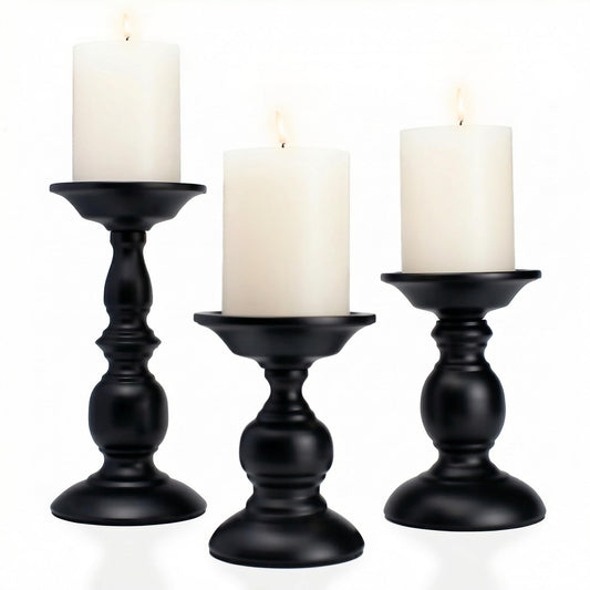BANOMII Black Pillar Candle Holders Set of 3, Vintage Candle Holder for Table Centerpiece & Fireplace Decor, Decorative Antique Candle Stand for Dining & Living Room Decoration