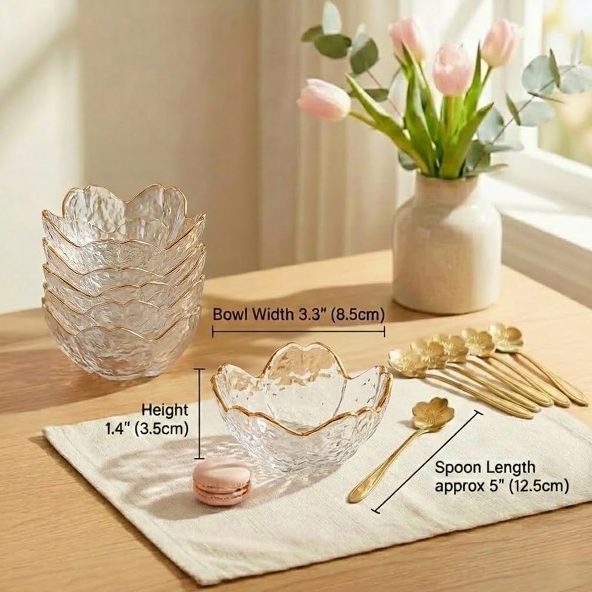 ZAJINJABD 3.3” Small Sakura Dipping Bowls Set with Gold Spoons，Clear Glass Sauce Dishes with Gold Trim for Soy Sauce, Sushi, Snacks, and Party Appetizers （2 Bowls+2 Spoons）