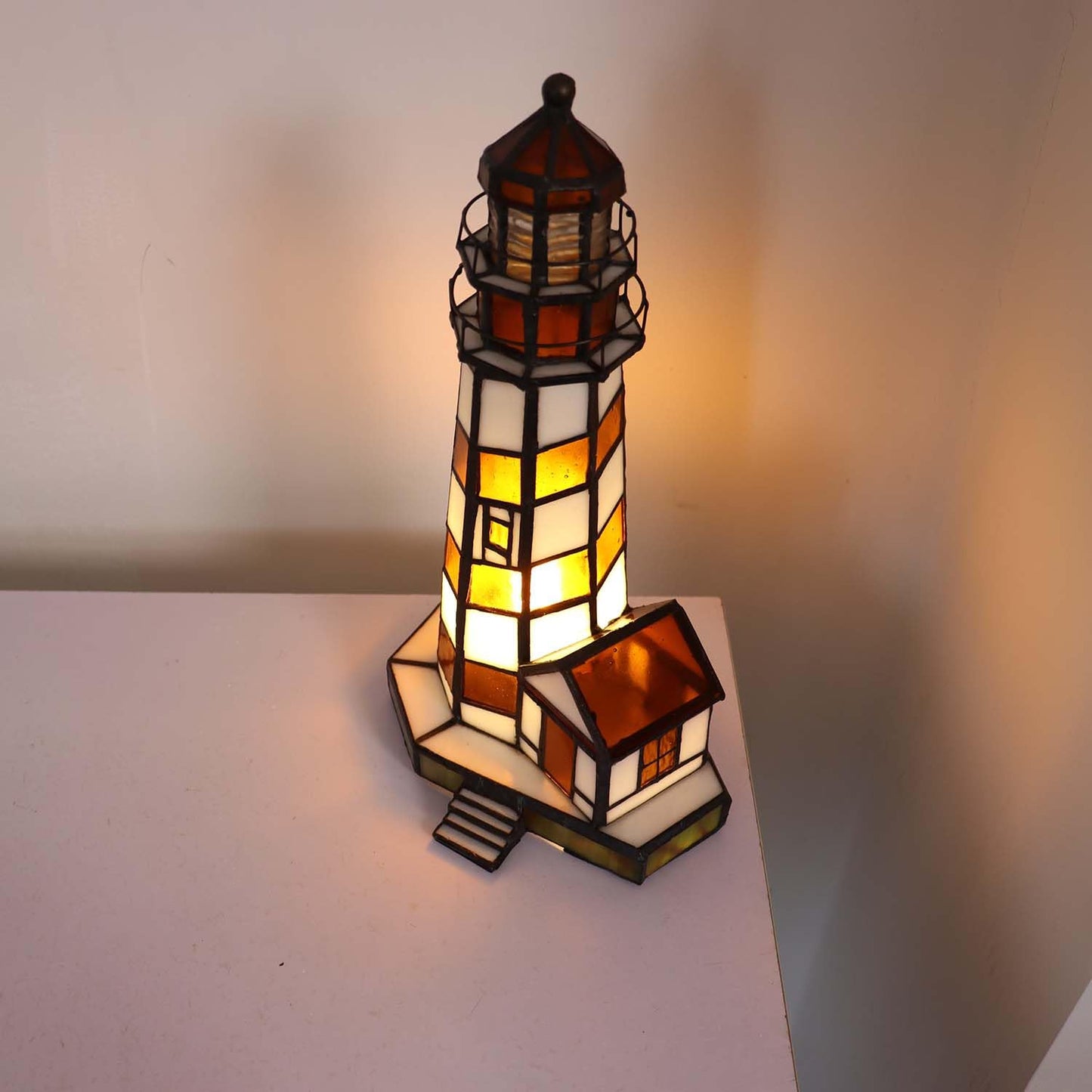 Bieye L10616 Lighthouse Tiffany Style Stained Glass Accent Table Lamp Night Light for Home Decoration (6x5x11, Amber)