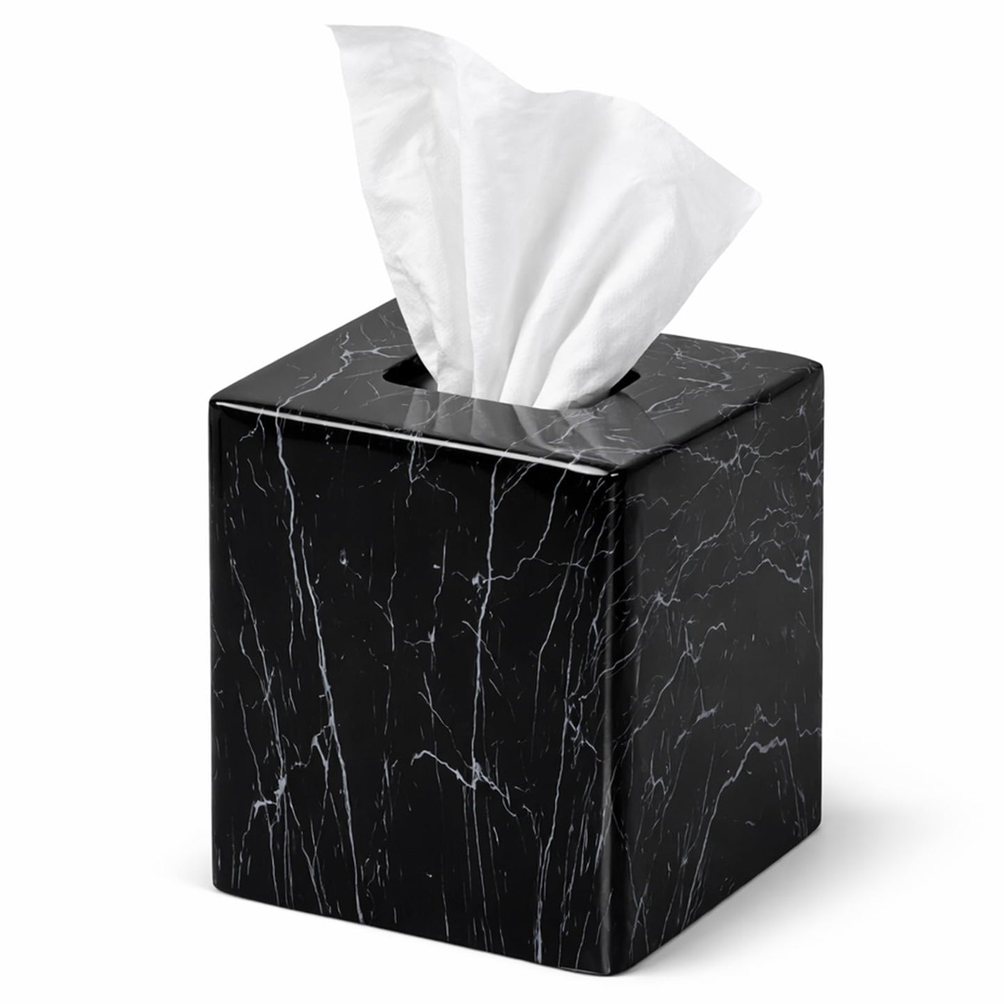 Square Resin Tissue Box Cover, Decorative Facial Tissue Holder with Black Marble Look Pattern, Water Transfer Printed for Bathroom, Living Room and Office