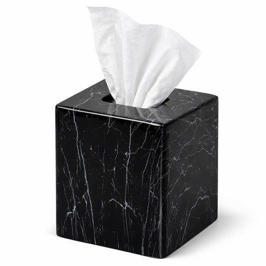 Square Resin Tissue Box Cover, Decorative Facial Tissue Holder with Black Marble Look Pattern, Water Transfer Printed for Bathroom, Living Room and Office