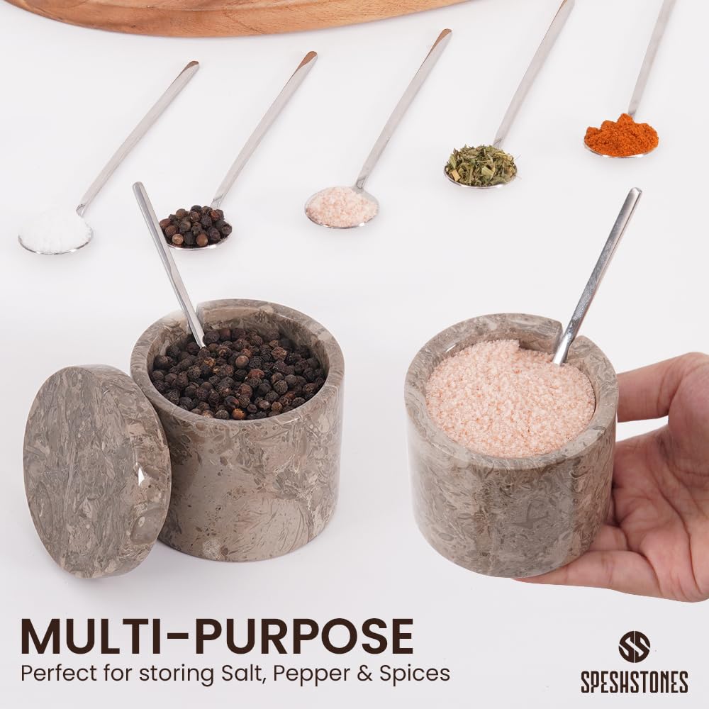 SPESHSTONES Marble Salt Cellar Set of 2 Handmade Stone Salt and Pepper Containers with Lid and Spoon - Marble Salt Box & Spice Jars, Sugar Bowl, 5.2 Oz Salt Holder for Countertop and Table