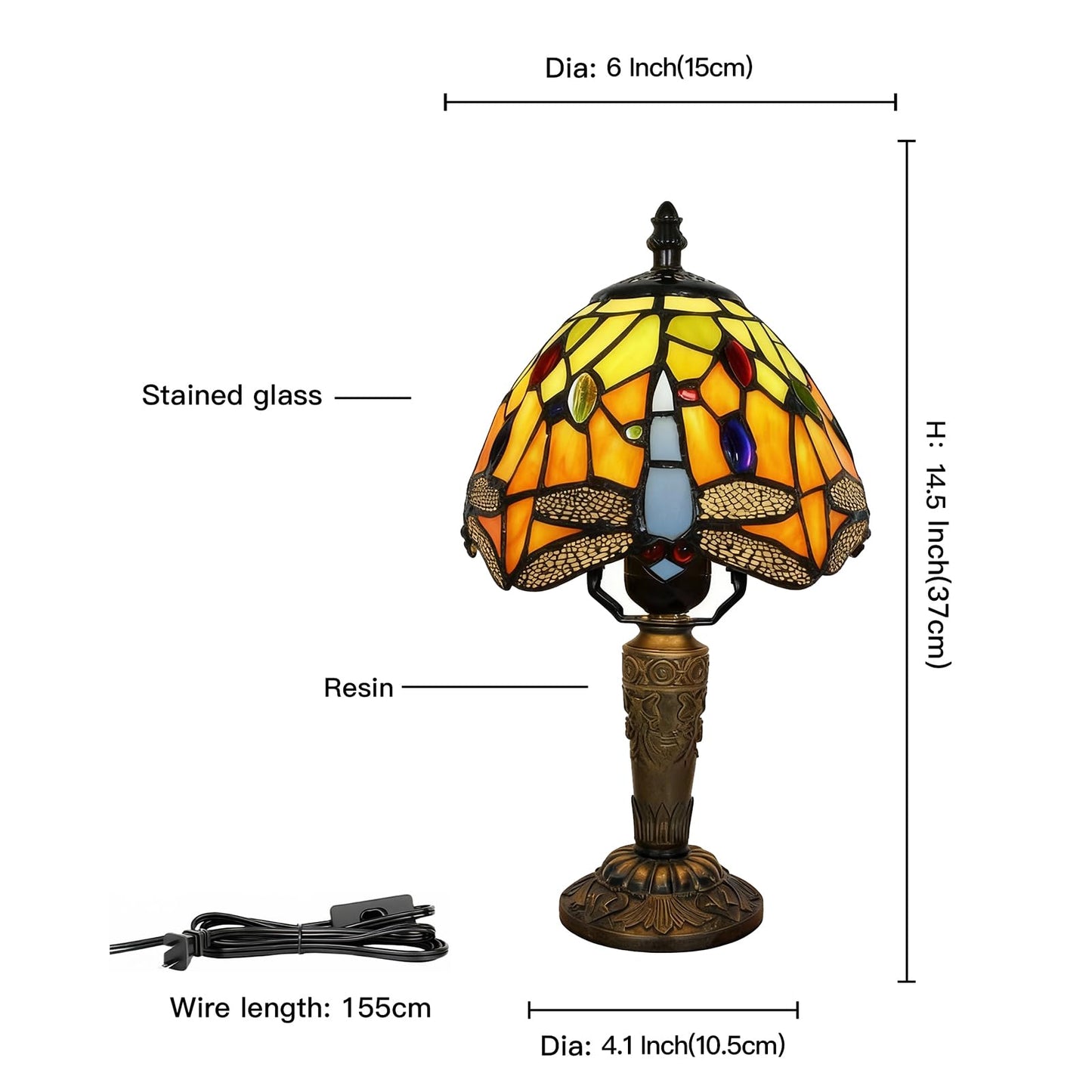 Plynvexa Tiffany Style Table Lamp with LED Bulb, 6 Inch Antique Stained Glass, Handmade Night Light for Bedroom, Living Room, Office Desk(Dragonfly)