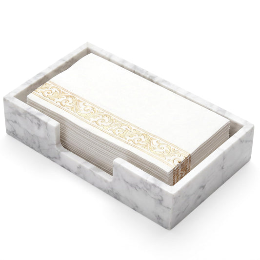 Singhoow Natural Marble Tissue Holder 9.5x5.5x2inch Carrara Marble Theme White Tissue Box Rectangular Guest Napkin Paper Towel Holder for Home Decor Countertop Kitchen Hand Towel Organizer Tray