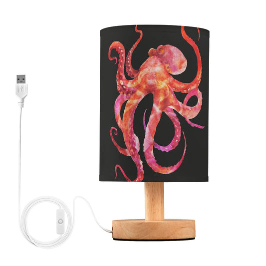 YYZZH Watercolor Red Pink Octopus with Tentacle Marine Animal Sea Life Table Lamp with Wood Base Fabric Lamp Shade Bedside Nightstand Desk Lamp for Living Room Bedroom Kids Room Office