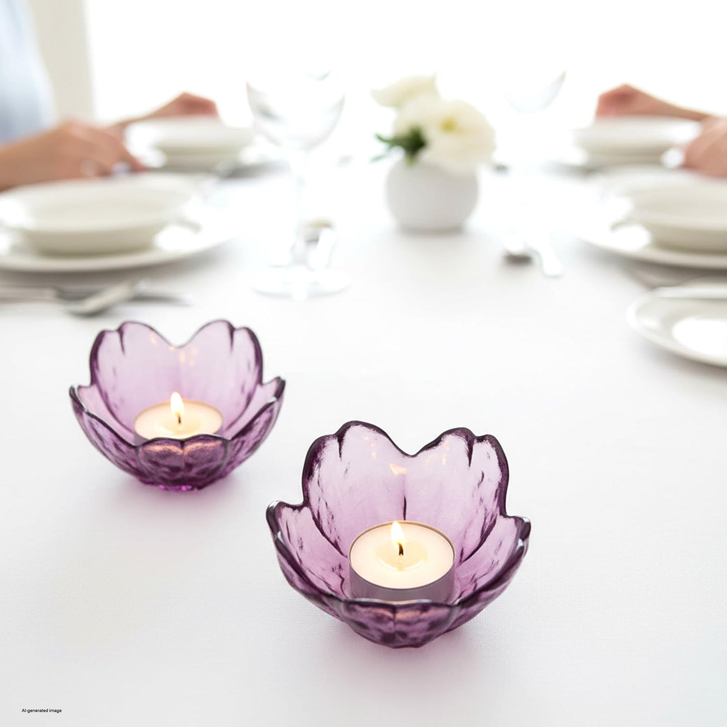 BIHOIB Glass Flower Tealight Candle Holders, Crystal Purple Pillar Candlestick Holders for Table Centerpieces, Wedding and Dinner Party (2, Crystal Purple)
