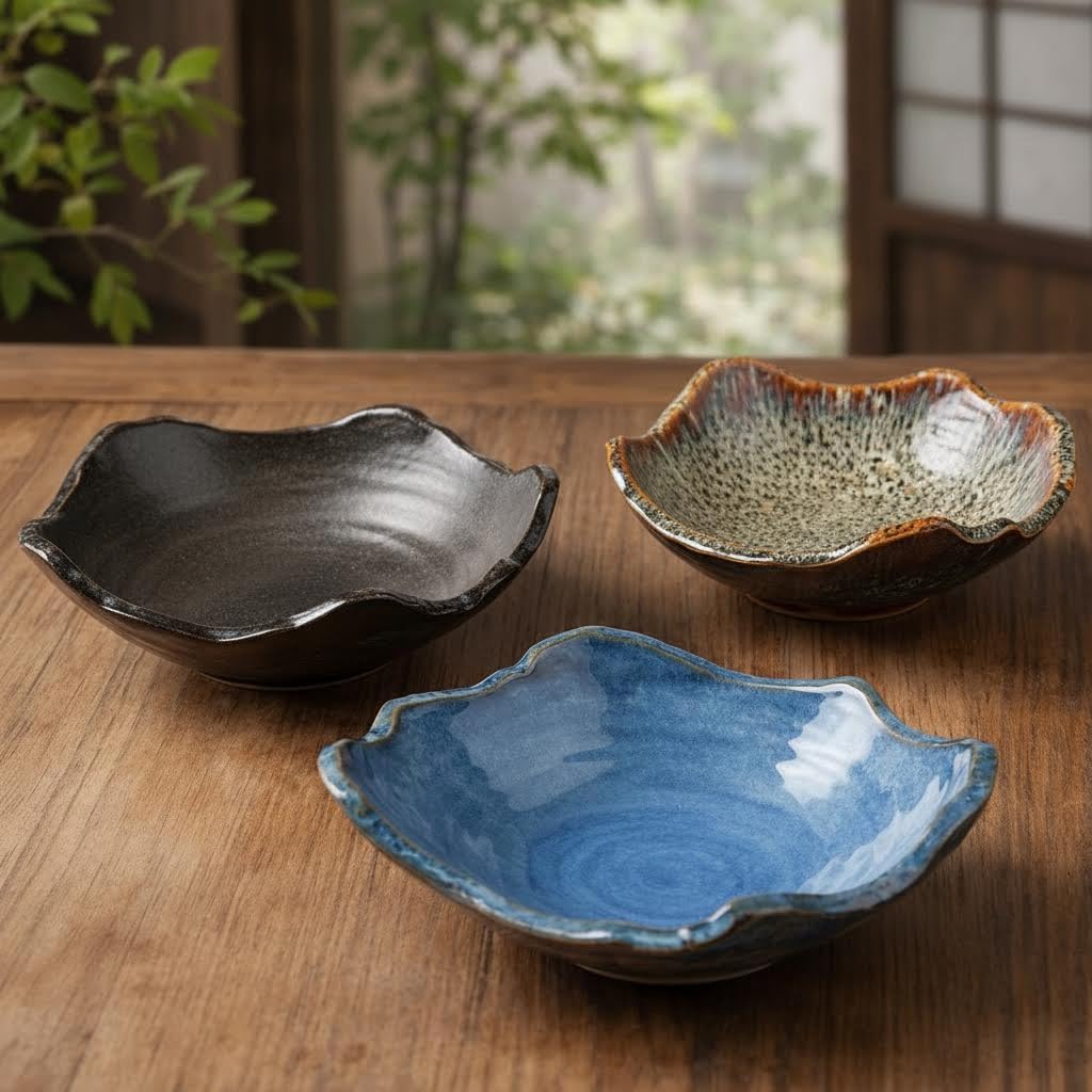 TANMESSO Small Ceramic Decorative Bowl with Irregular Rim Reactive Glaze Candy Dish Japanese Style Table Decor (Blue)