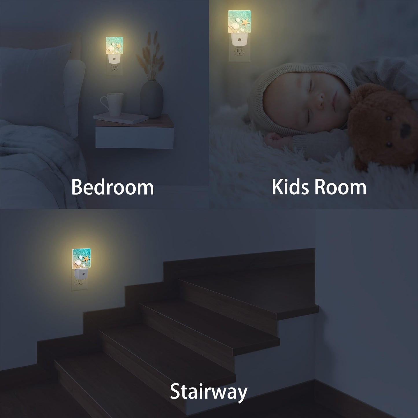 BLYKVGHQ Starfish and Seashell On Beach Night Light,Modern Night Lights Plug into Wall,Dusk to Dawn Sensor Nightlight for Kids Bathroom Kitchen Hallway Bedroom Decor