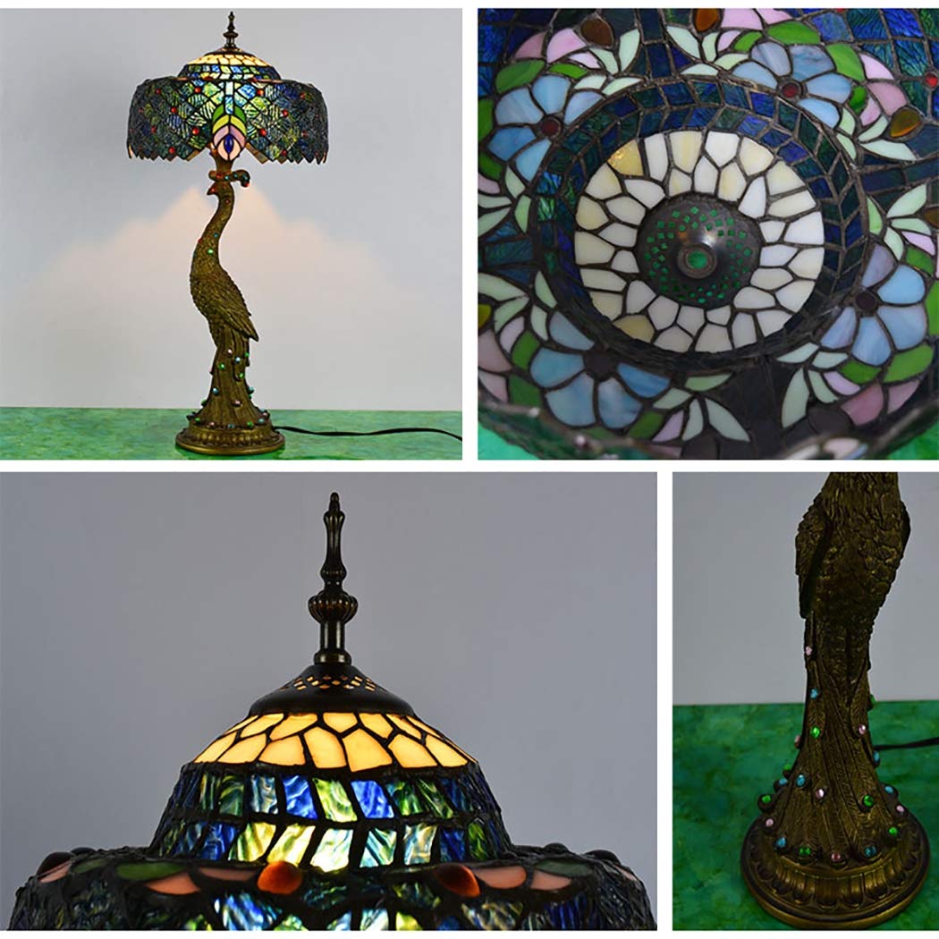 errzom Peacock Table Lamp Tiffany Table Light Fixtures Desktop Lamp with Retro Resin Peacock Base Stained Glass Peacock Shade for Living Room Bedroom Computer Desk Decoration Lights