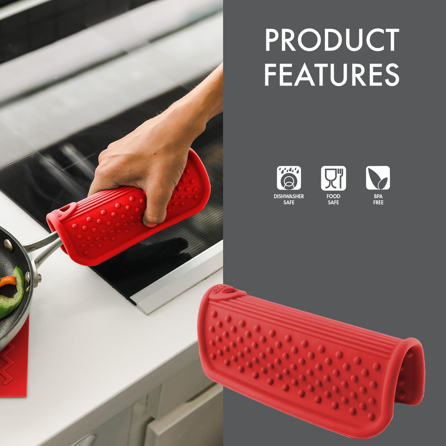 Dexas Silicone Pot Handle Holder, Heat Resistant Non Slip Grip for Hot Cookware Handles, Dishwasher Safe Kitchen Accessory, Red