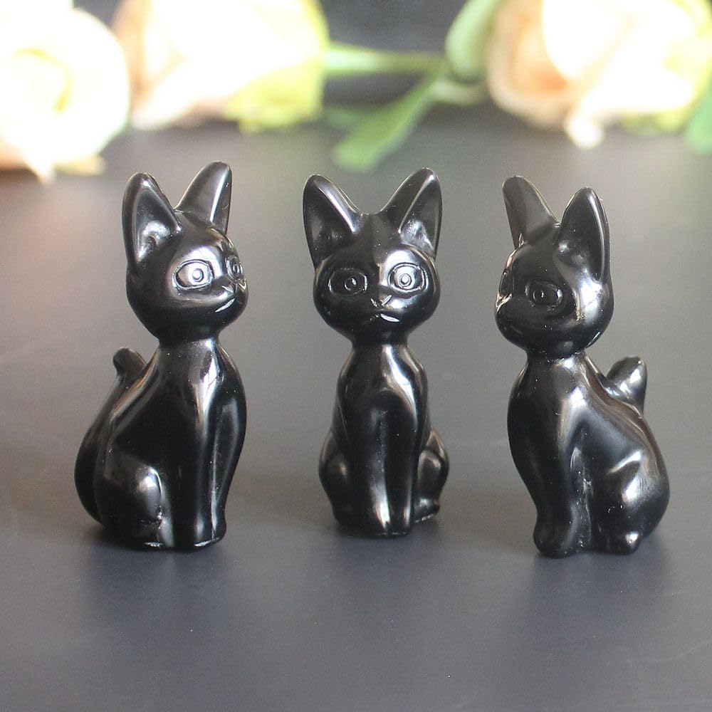 HLbshi Hand Carved Gemstone Crystal Abyssinian Egyptian cat Figurine Animal Statue Carving Office Room Home Decor 2'' (Black Obsidian)