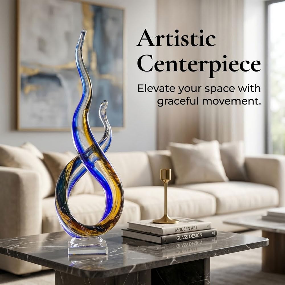 QIANLING 18.1 Inch Glass Wave Sculpture, Hand Blown Abstract Glass Figurine, Tall Decorative Glass Sculpture for Living Room Shelf, Mantel, Bedroom, Tabletop, Office and Home Decor Accent