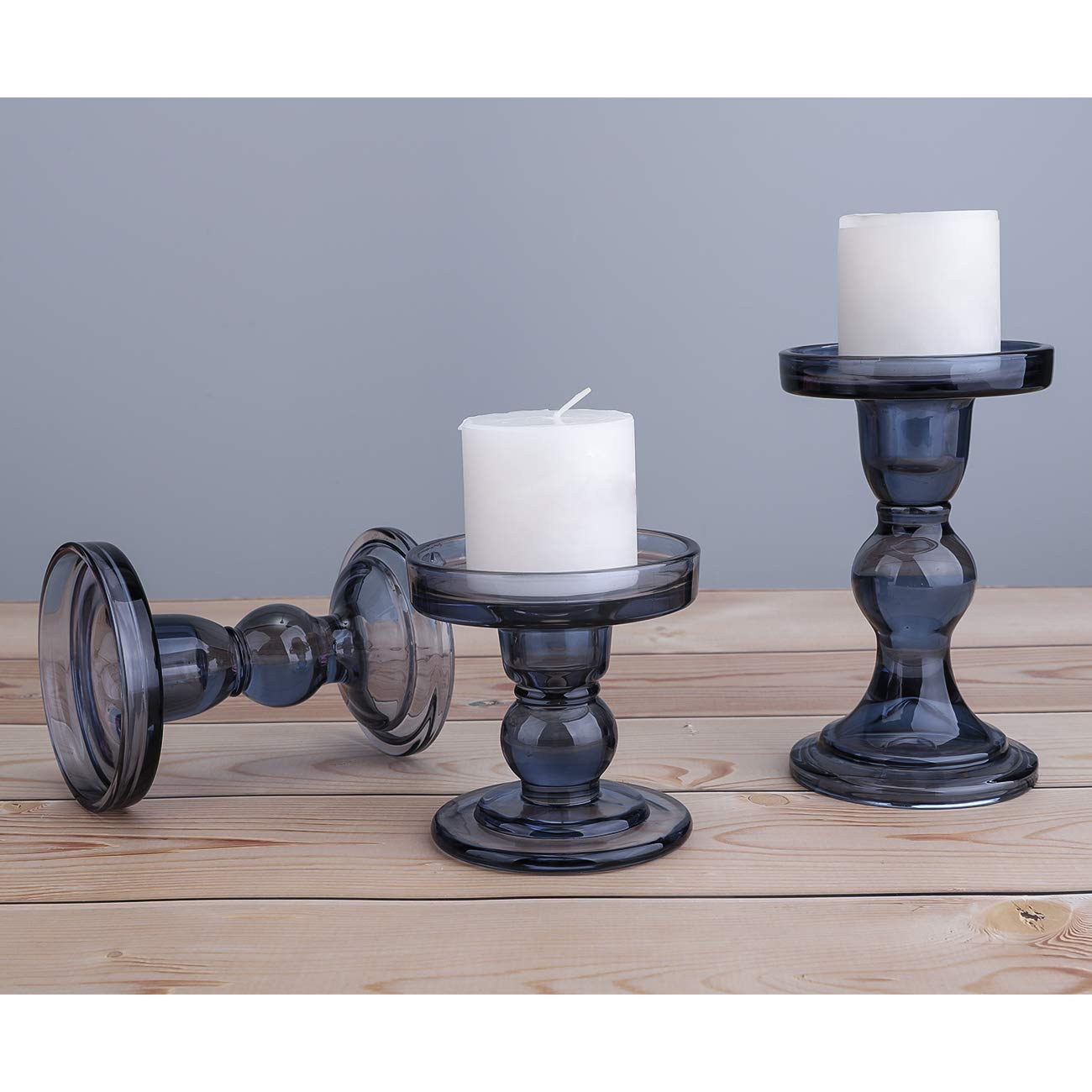 Lewondr Glass Candle Holders, 3 Pieces Crystal Clear Candlesticks with Elegant Design for Pillar Taper Candle and Tea Light, Home Table Living Room Wedding Party Decorations Home Décor - Smoky Blue