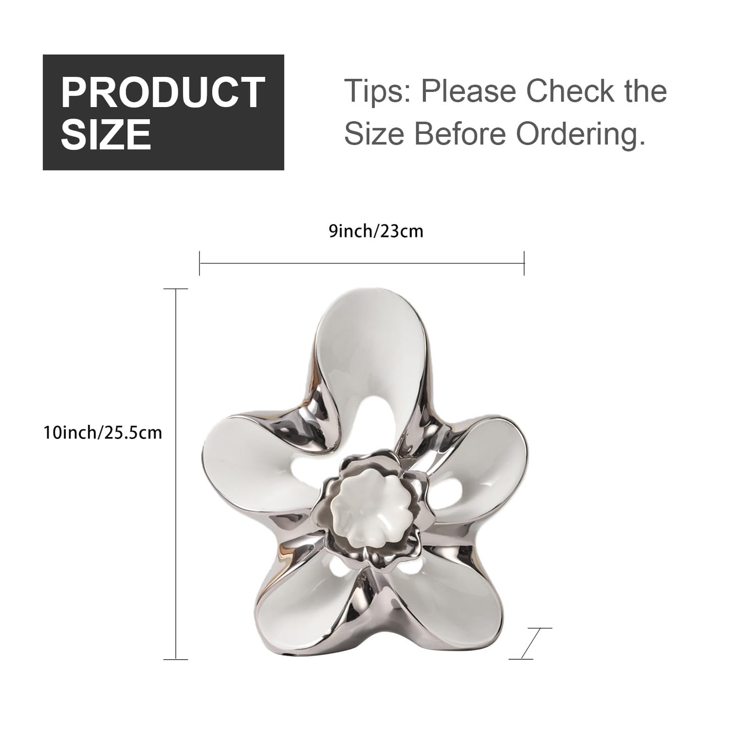 Dneuoir Ceramic Statue Home Decor Aesthetic Abstract Flower Sculpture Modern Decorative Statues for Living Room Bedroom Bookshelf Desktop Dinging Table Centerpiece Office(White and Silver)