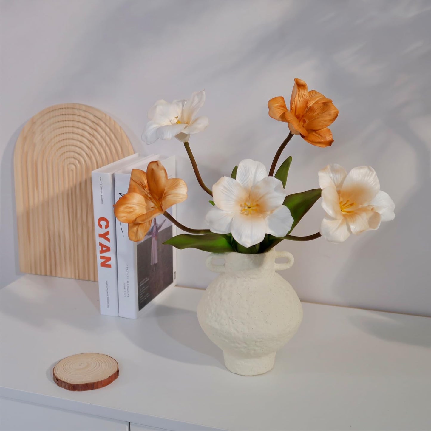 Ceramic Flower Vase with Handle, 7.1 inch Decorative White Vases for Home Decor, Farmhouse Rustic Vases for Table Mantle Fireplace Living Room Bathroom Wedding Centerpiece