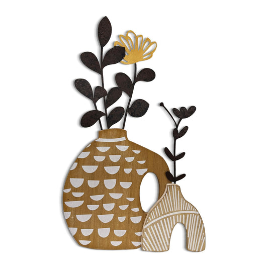 WOPARTY Rustic Metal and Wood Flowers Wall Art, Bohemian Vase with Flower Design, Black and Gold, 16.2x10 Inch, Farmhouse Wall Decor Home Bedroom Dining Room Housewarming